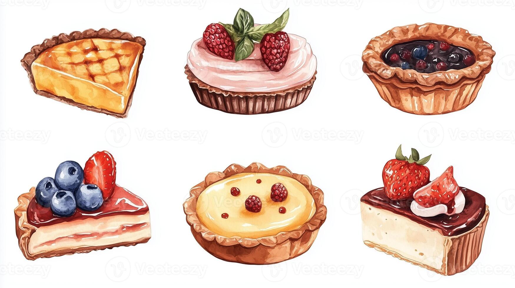 A colorful assortment of six delicious desserts featuring various fruits displayed on a white background in a bright, inviting manner photo