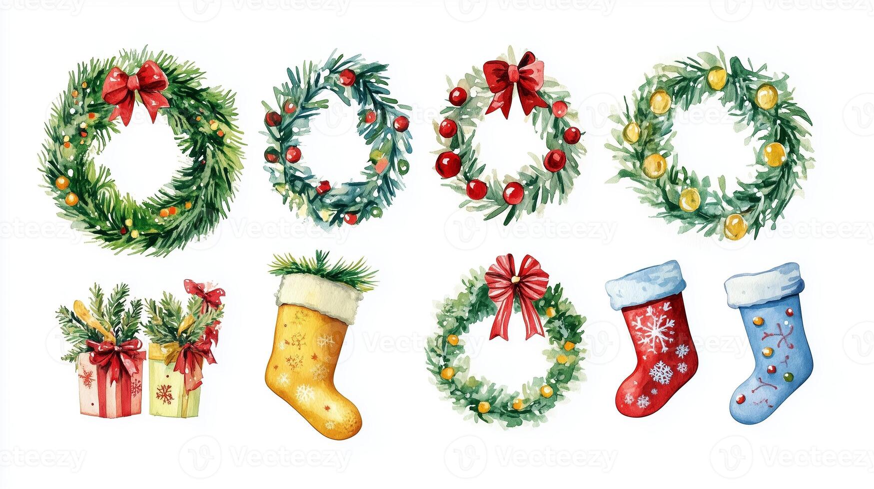 Colorful Christmas decorations featuring festive wreaths, gifts, and stockings arranged on a white background photo