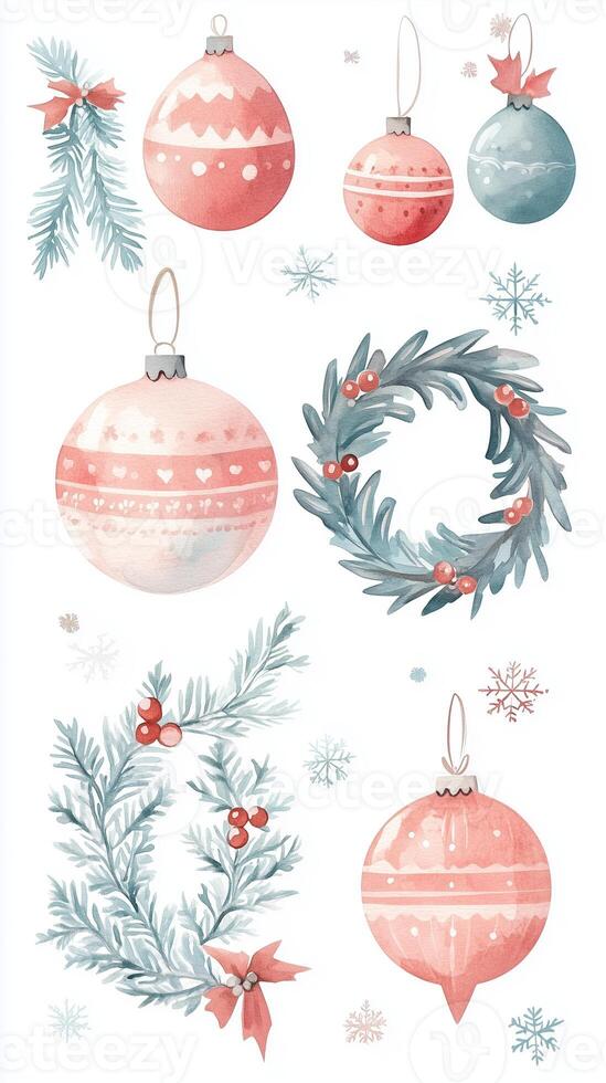 Delicate Christmas ornaments and wreaths in pastel colors displayed on a snowy background, perfect for holiday decorating ideas photo