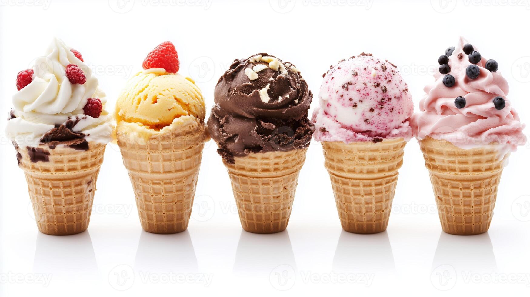 Colorful ice cream cones featuring various flavors displayed on a white background appealing for summer treats and desserts photo