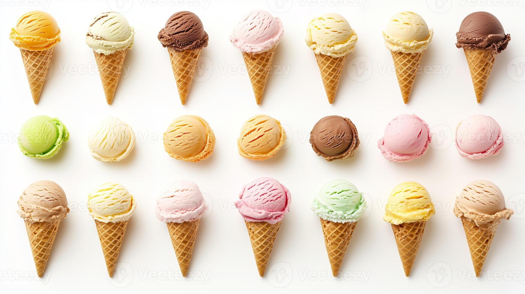 Colorful assortment of ice cream cones with various flavors arranged in a neat grid on a white background photo