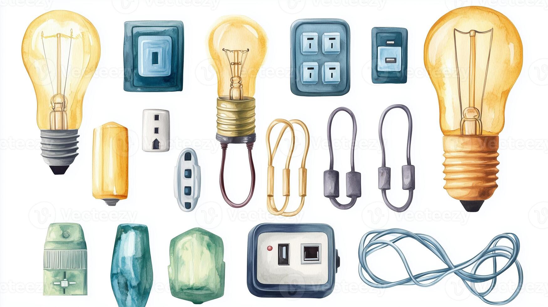 Variety of light bulbs, sockets, and electrical components displayed on a white background for design inspiration and home improvement projects photo