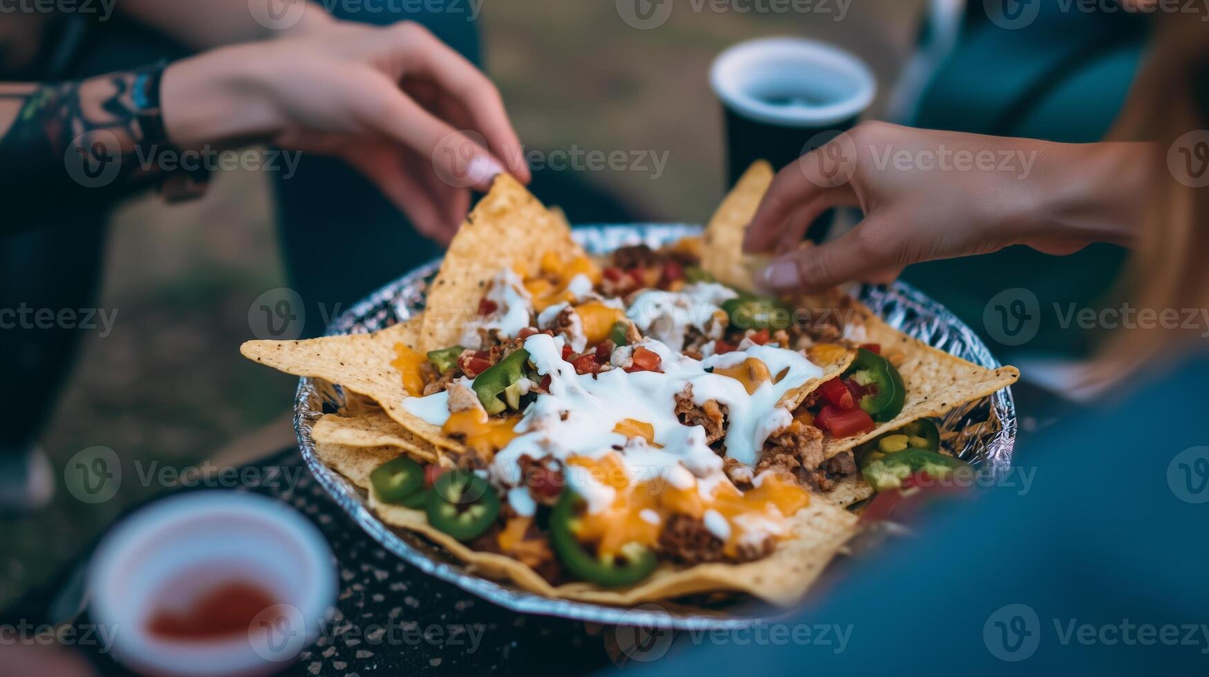 Friends enjoying a shared plate of nachos with toppings at an outdoor gathering during the evening photo