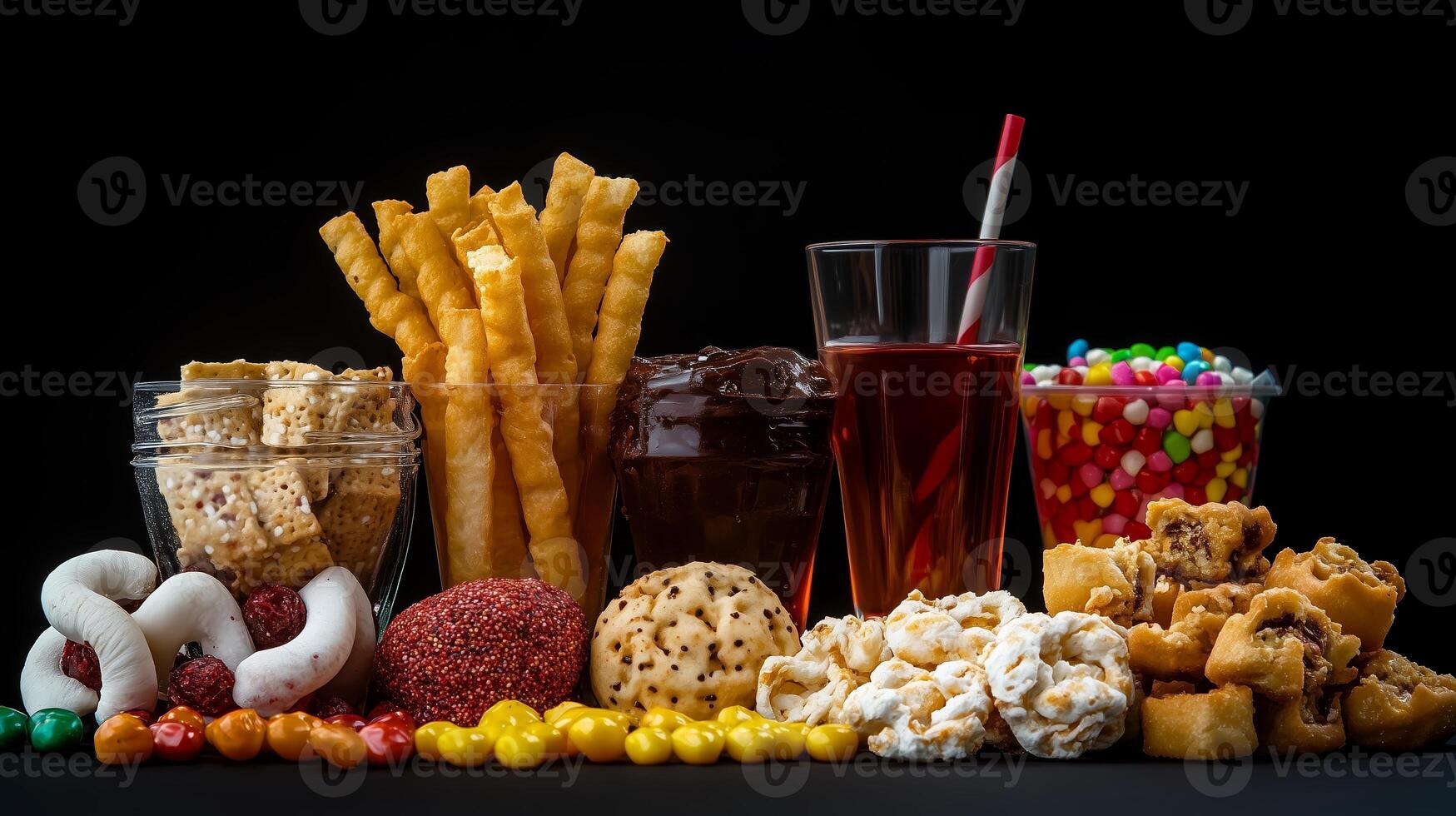 A vibrant assortment of snacks and treats displayed on a dark background, showcasing a variety of flavors and textures popular for gatherings photo