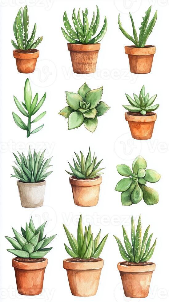 A collection of twelve varieties of green plants in terracotta pots arranged thoughtfully on a white background photo