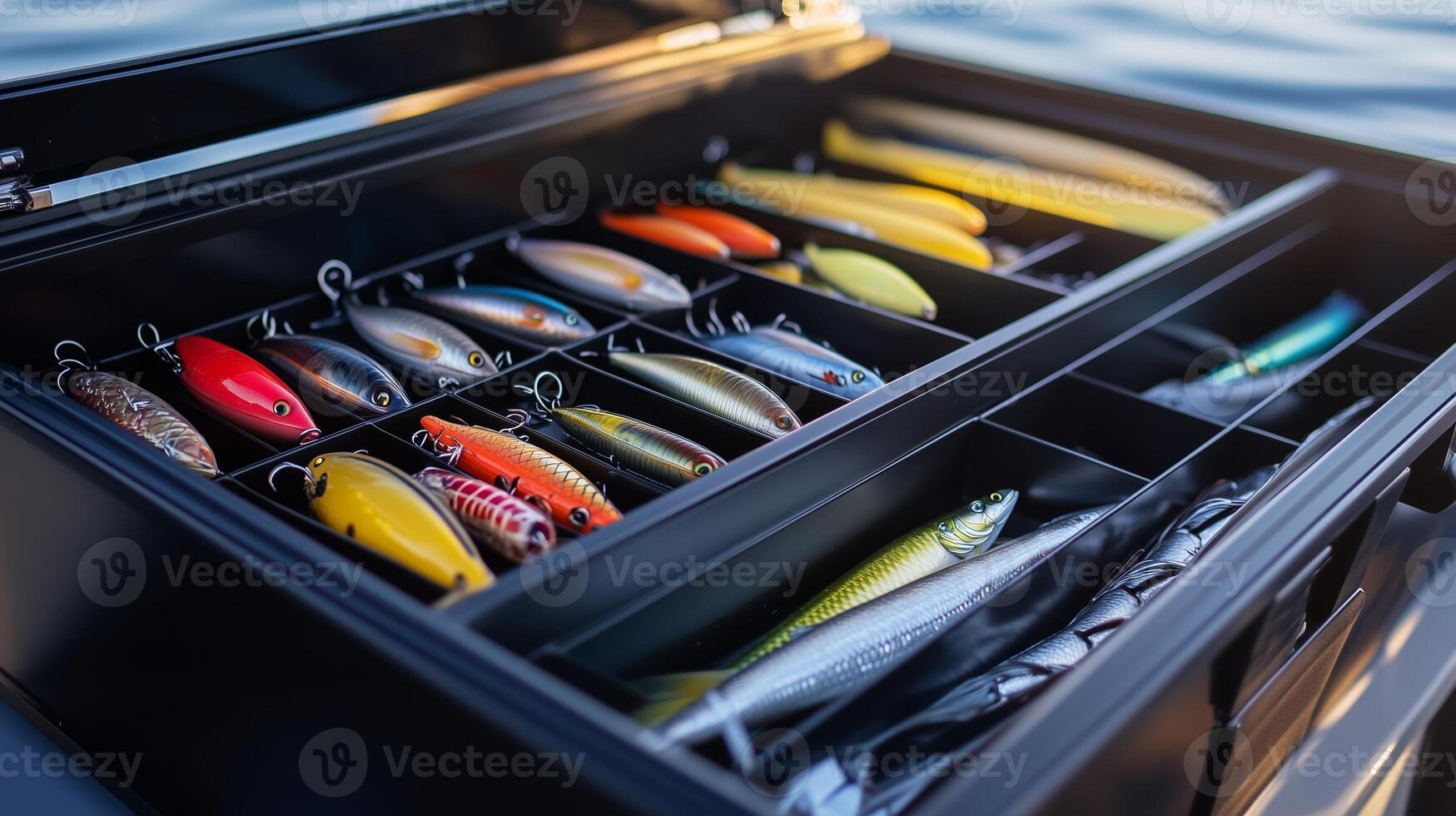 Detailed view of a fishing tackle box filled with various colorful lures by the water's edge during late afternoon light photo
