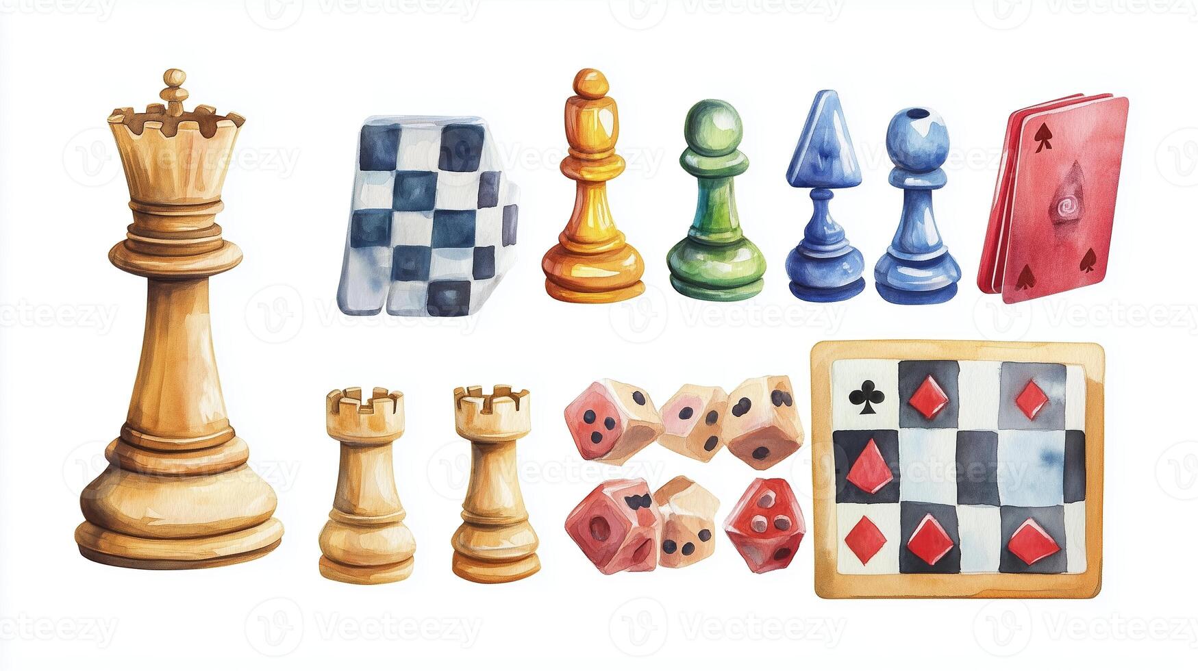 A colorful collection of chess pieces, playing cards, and dice arranged artfully on a white background showcasing strategic games photo