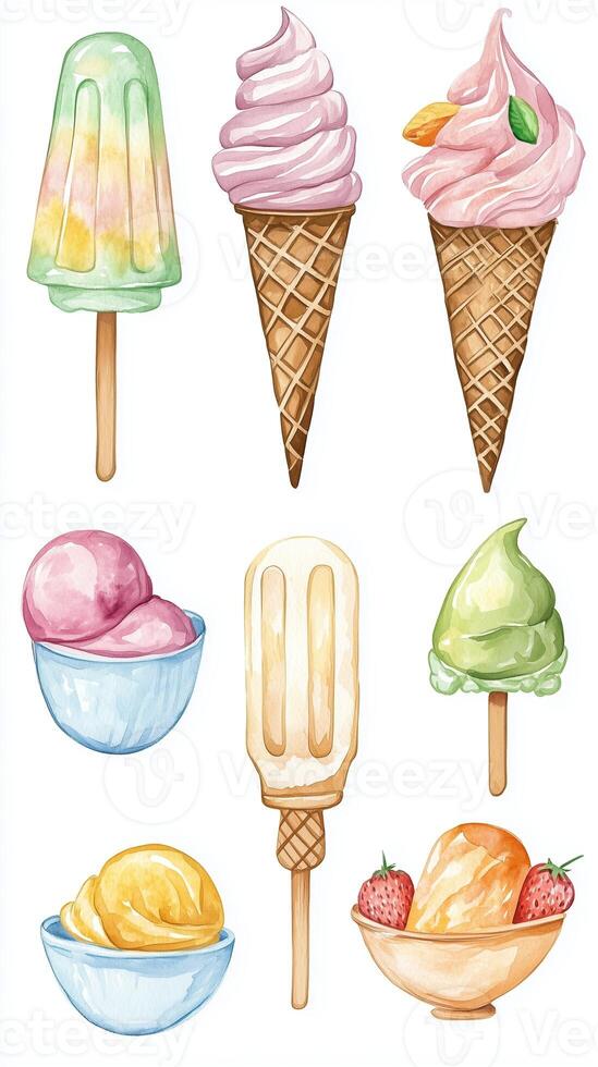 Colorful assortment of ice cream cones, popsicles, and bowls of frozen treats on a white background with various flavors and textures photo