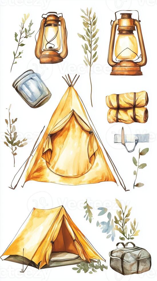 Beautiful hand-drawn illustration of camping essentials with yellow tents, lanterns, and natural elements set in a serene outdoor environment photo