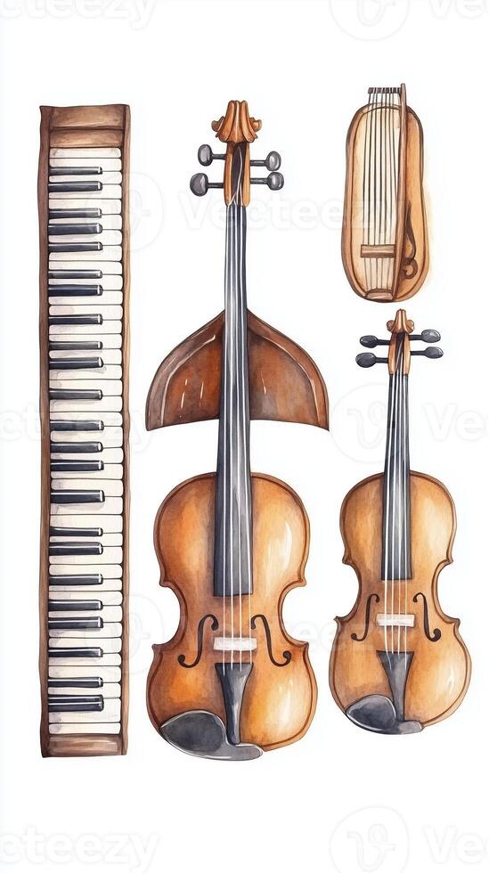 A collection of musical instruments featuring violins, a keyboard, and a lyre displayed artistically on a white background photo