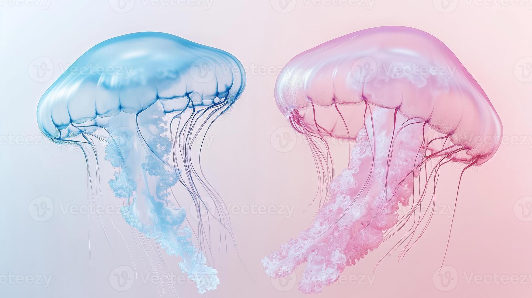 Colorful jellyfish gracefully swim together in a tranquil underwater setting during a serene afternoon photo