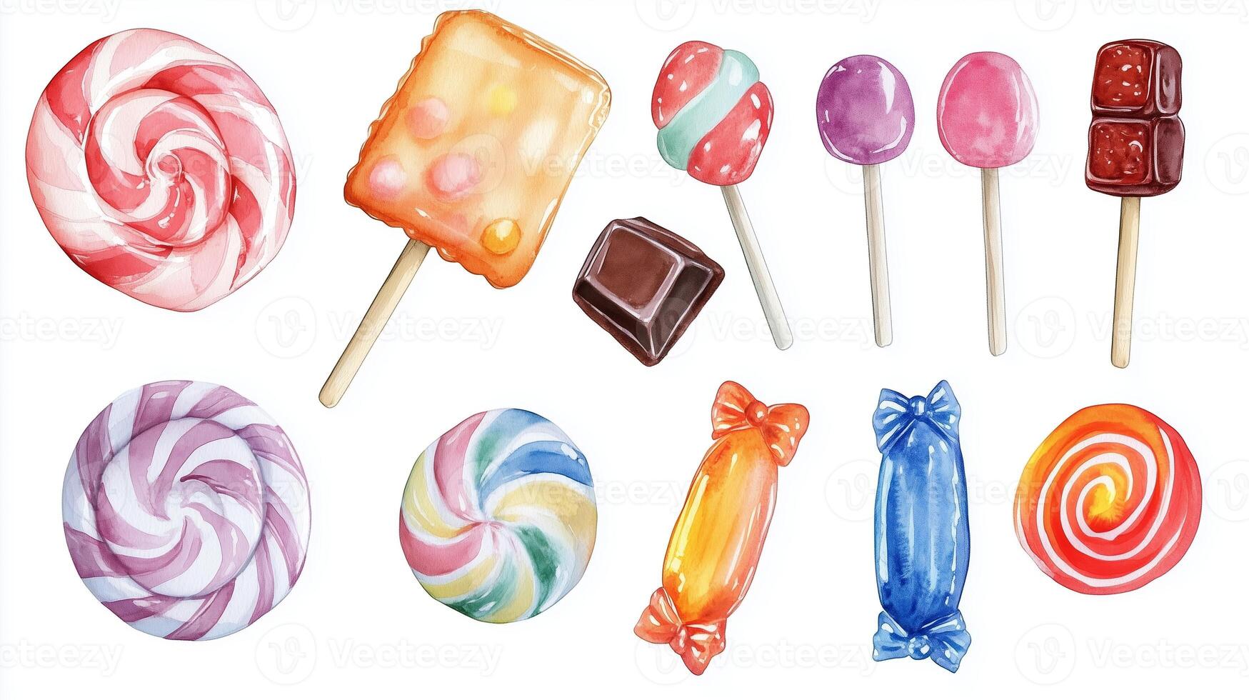 A colorful assortment of candies and lollipops displayed on a light background, perfect for a sweet treat theme photo