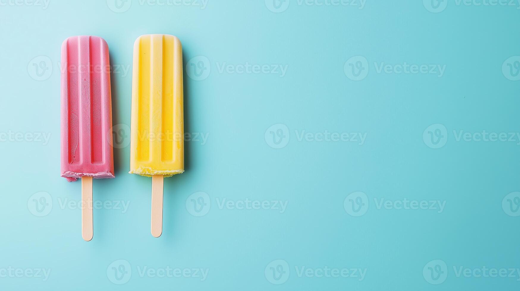 Colorful fruit-flavored popsicles on a light blue background for a refreshing summer treat in a modern setting photo