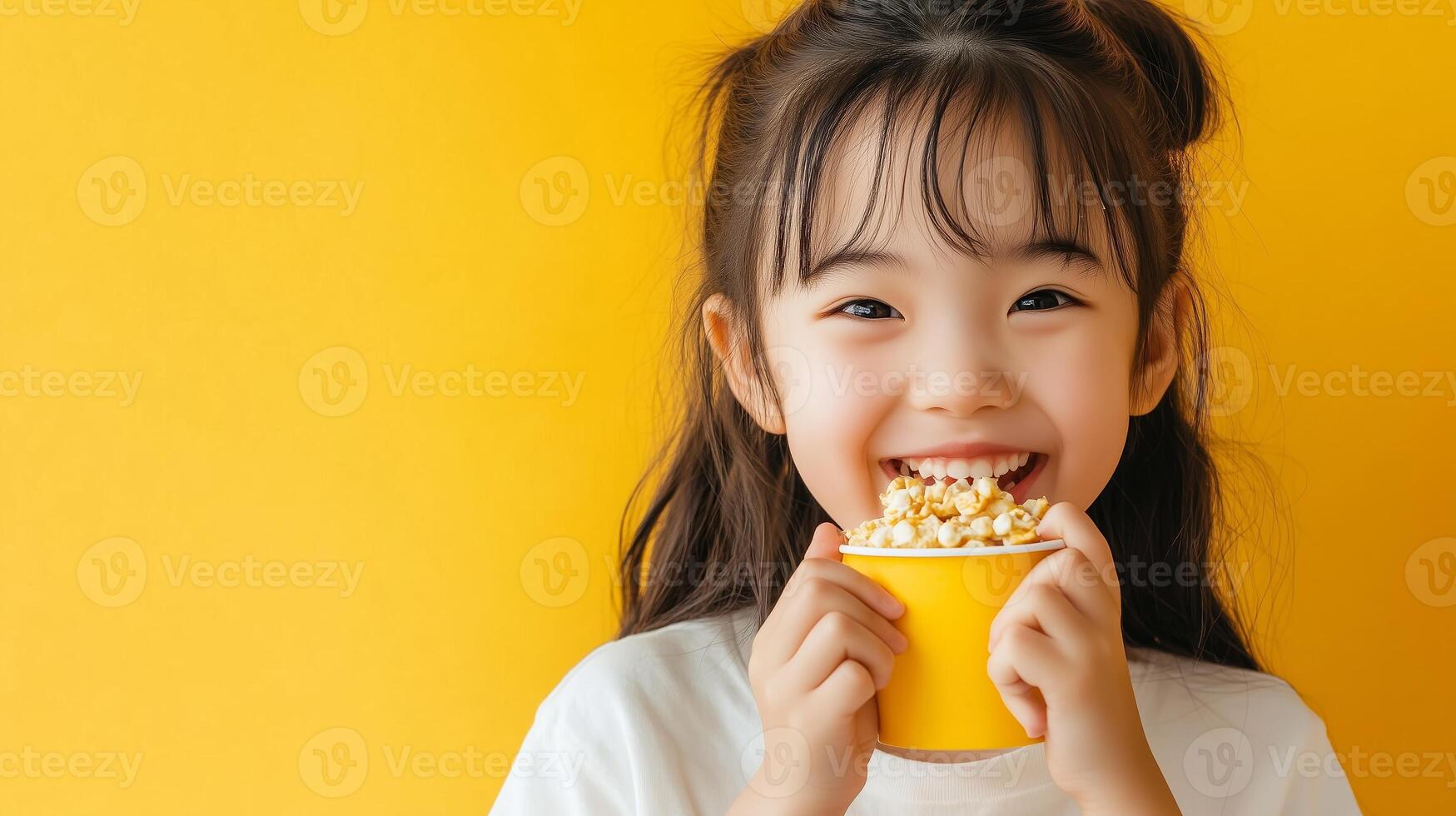 Young girl happily enjoys popcorn in a bright yellow setting while smiling at the camera photo