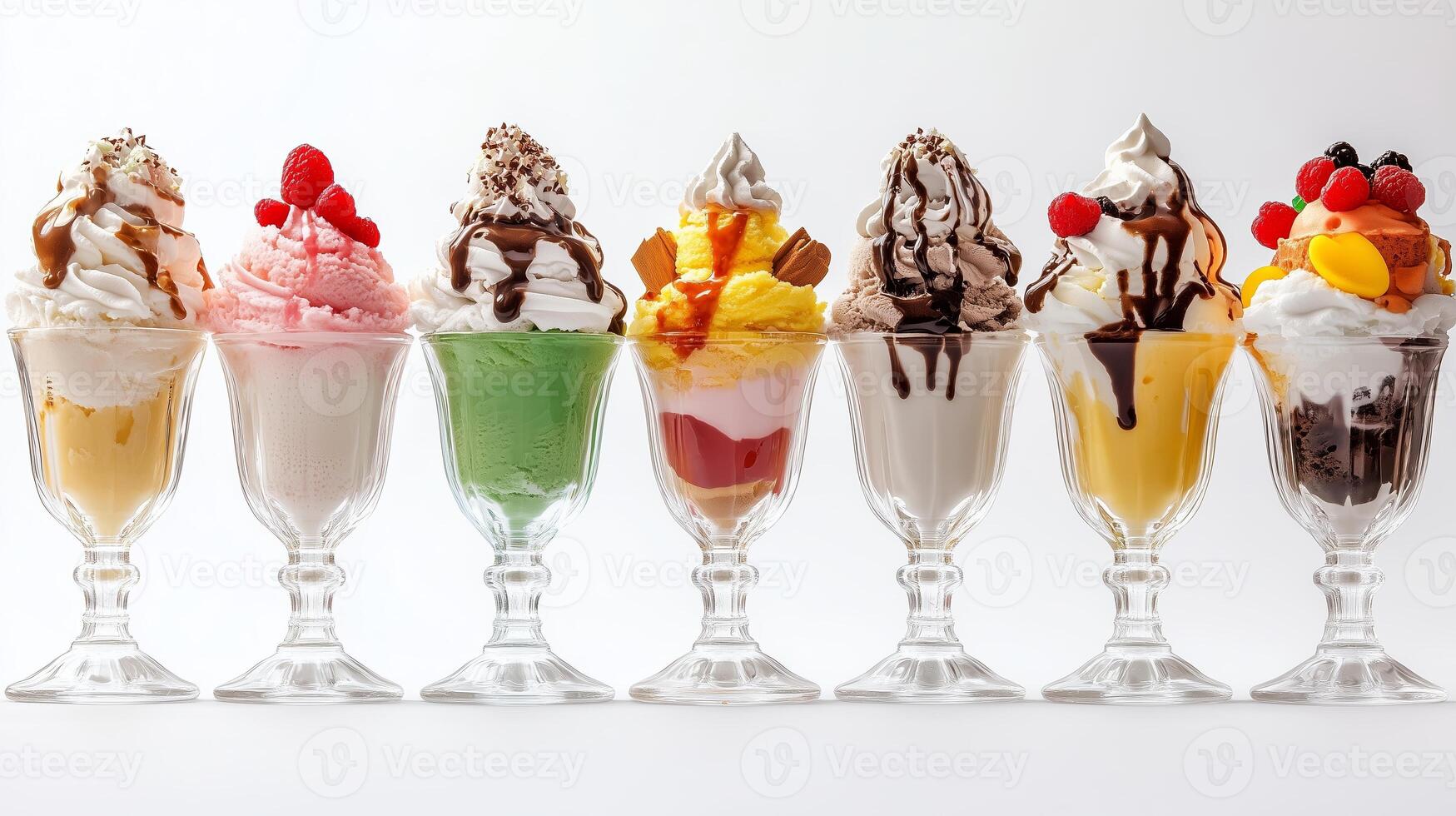 A colorful array of ice cream sundaes with various toppings displayed on a white background photo