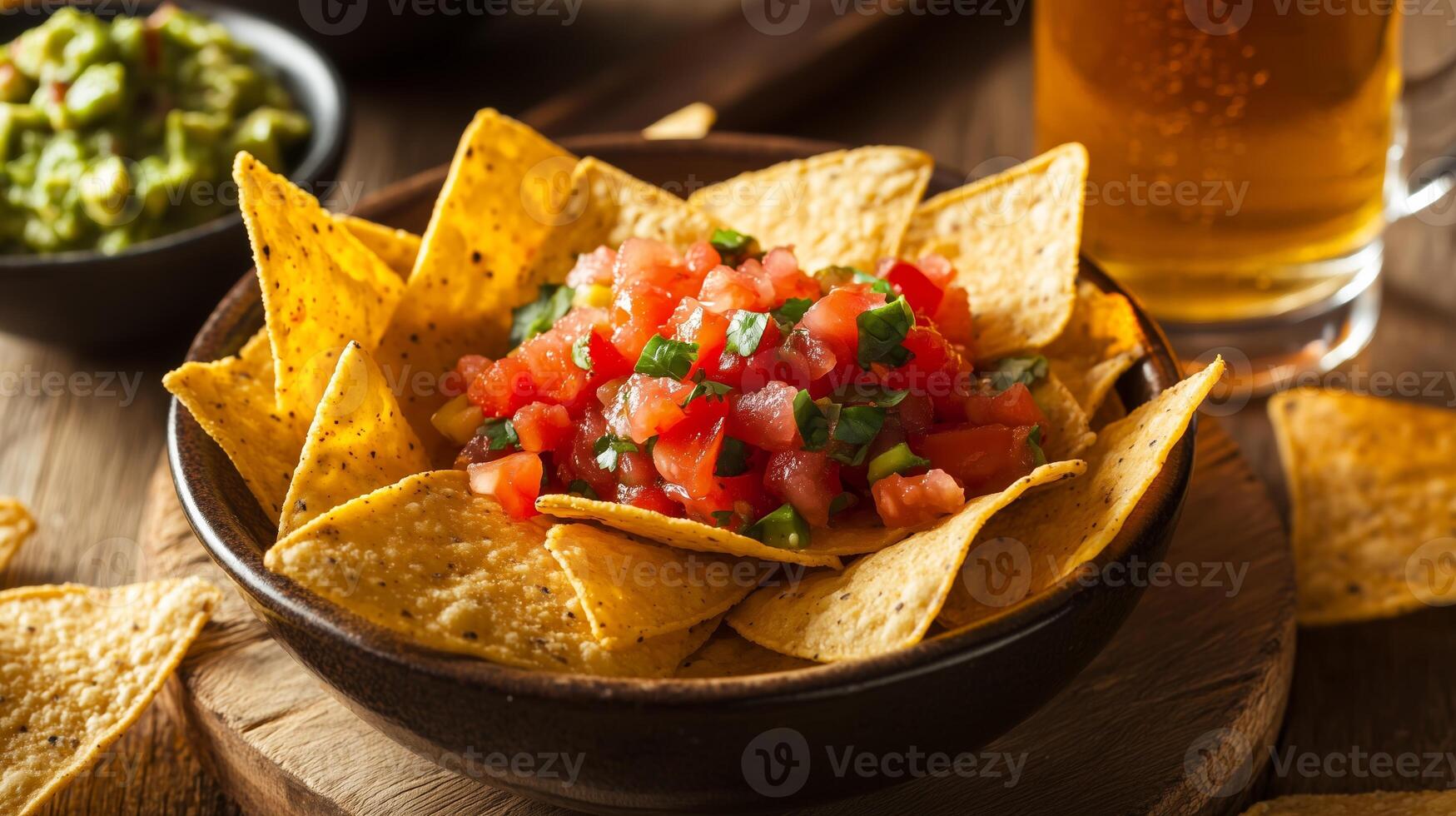 Enjoying a hearty bowl of tortilla chips topped with fresh salsa and served with guacamole and a beverage photo