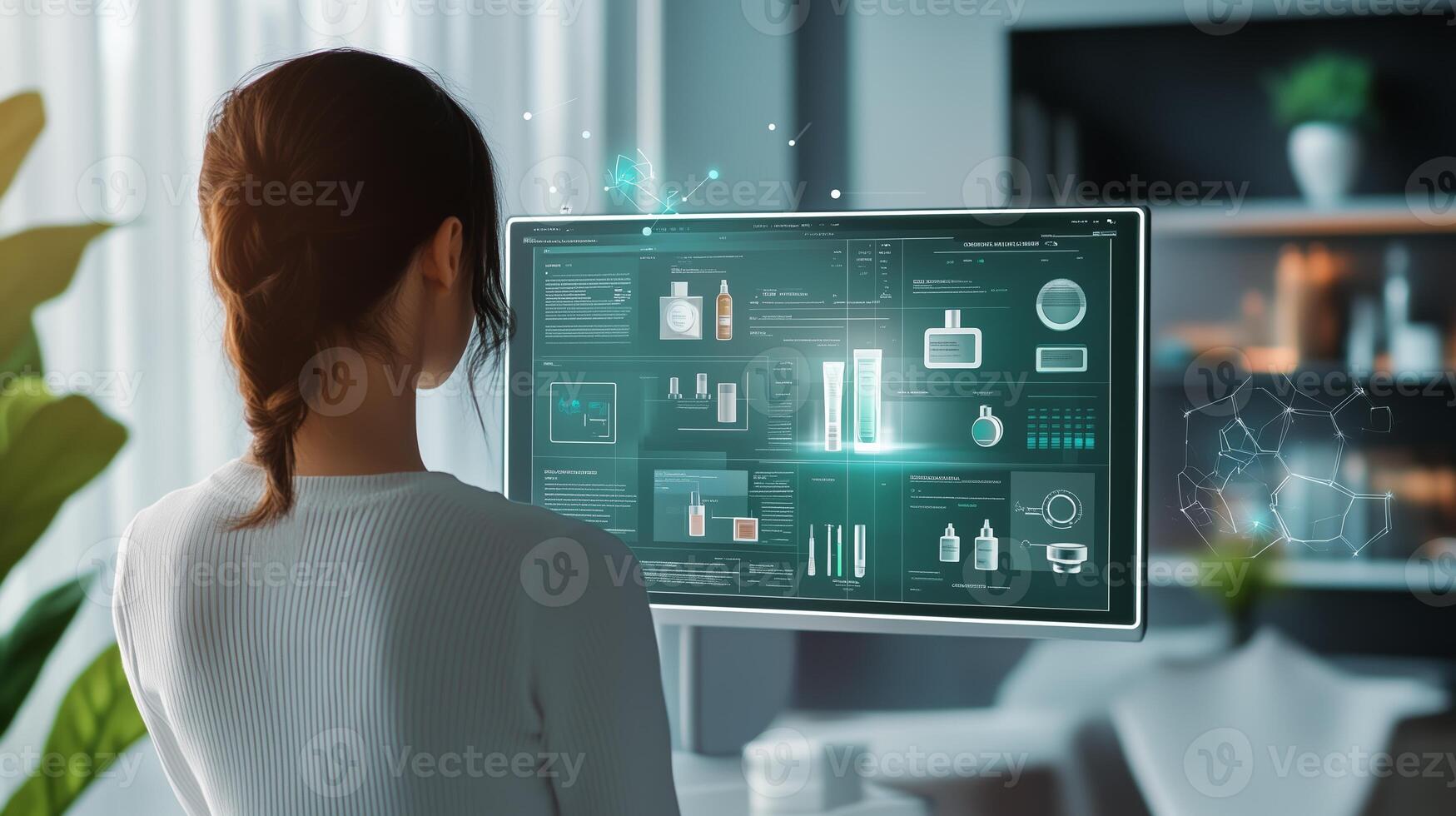 Young woman interacting with a virtual display of skincare products in a modern workspace during daylight hours photo