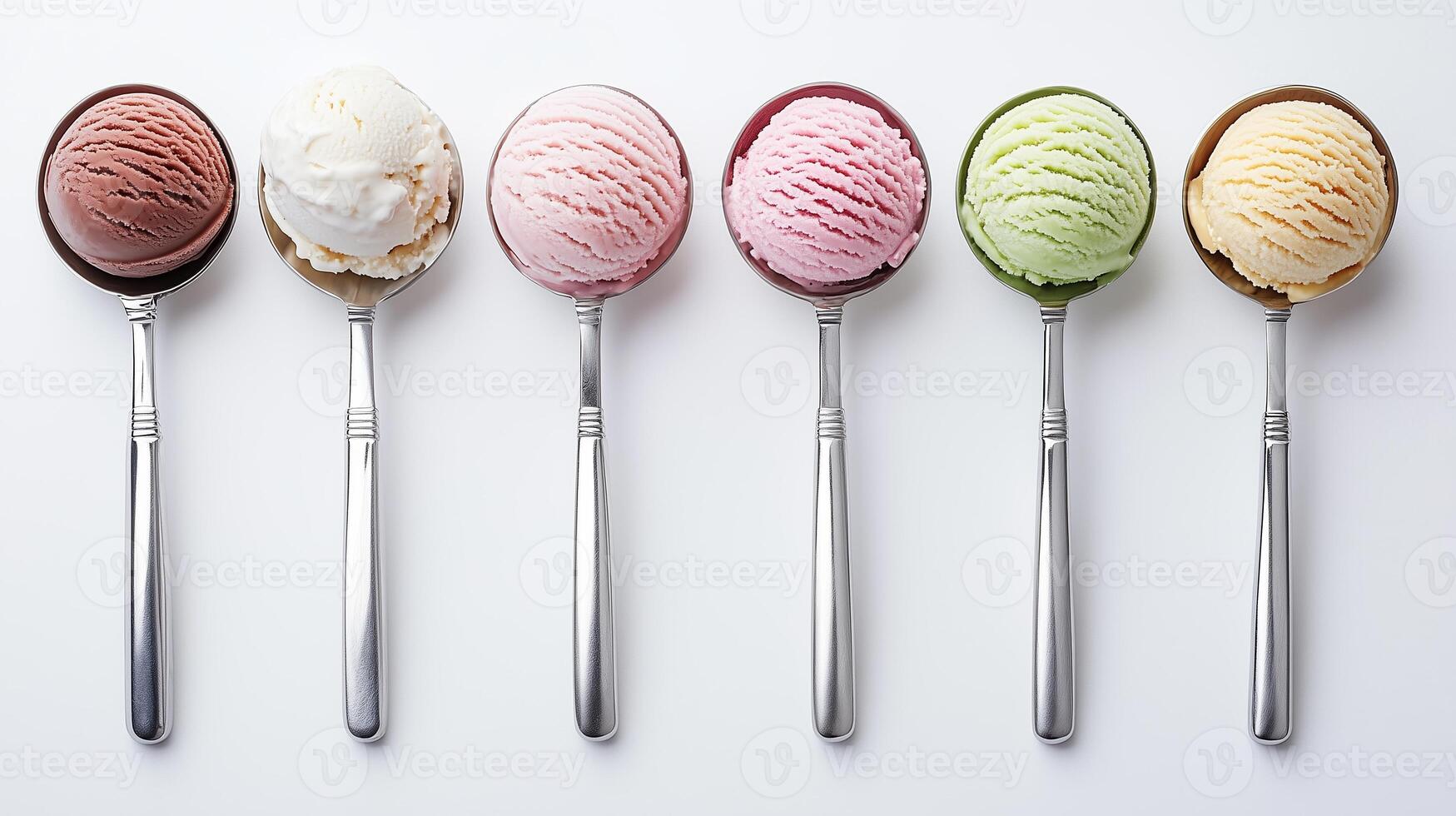 A colorful display of six ice cream scoops in silver spoons arranged neatly on a white background photo