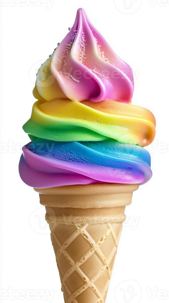 Colorful rainbow swirl ice cream cone with vibrant layers at a summer fair setting photo