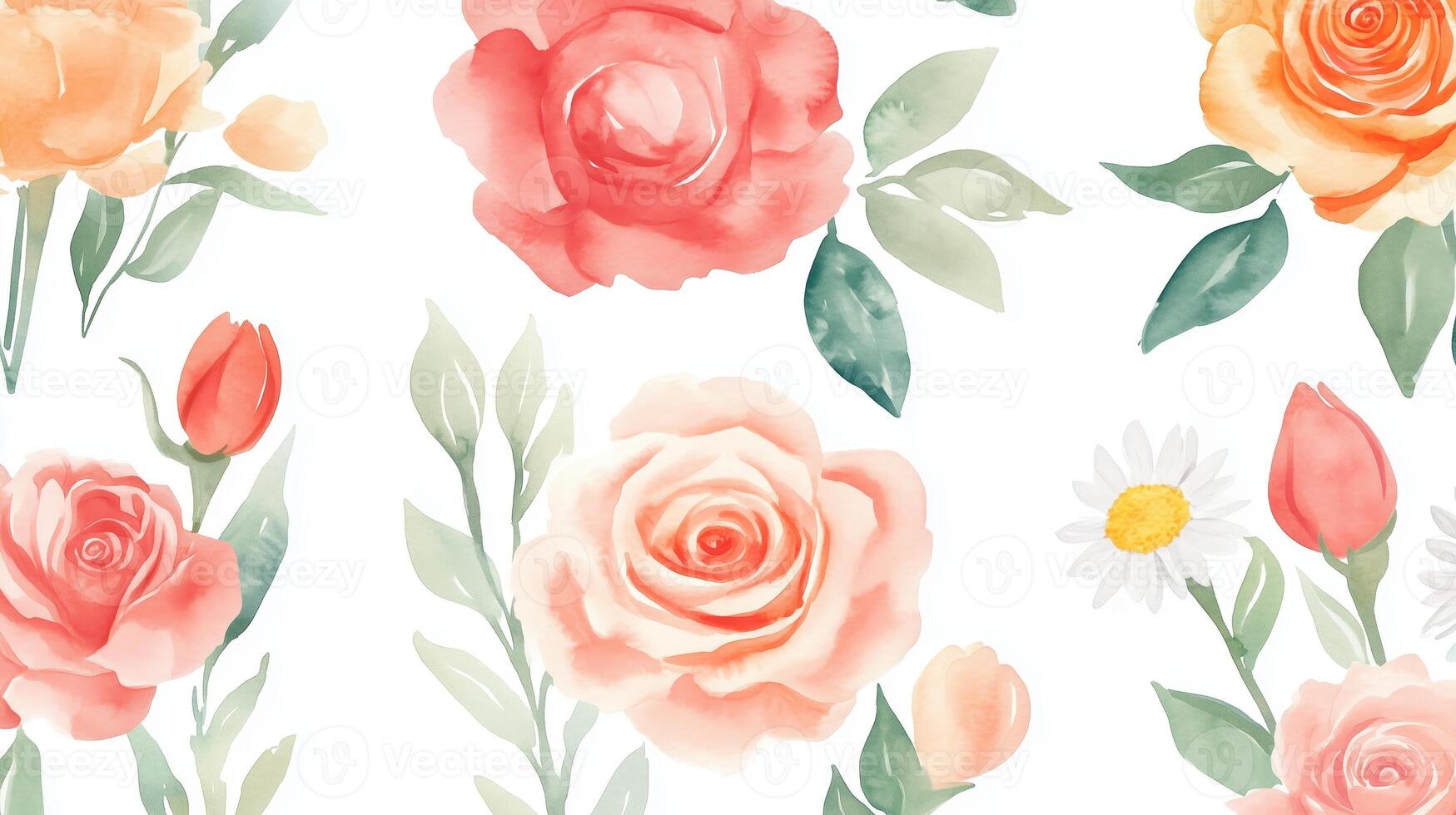 Watercolor floral pattern featuring roses, tulips, and daisies on a white background with soft, delicate colors photo