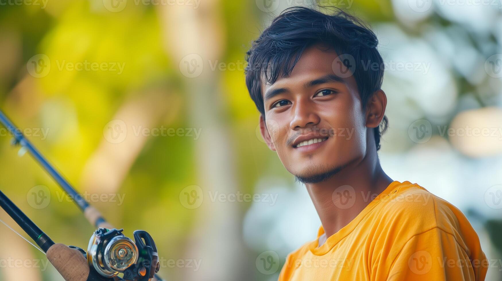 A young man smiles while fishing at a serene lake surrounded by lush greenery during a sunny day photo
