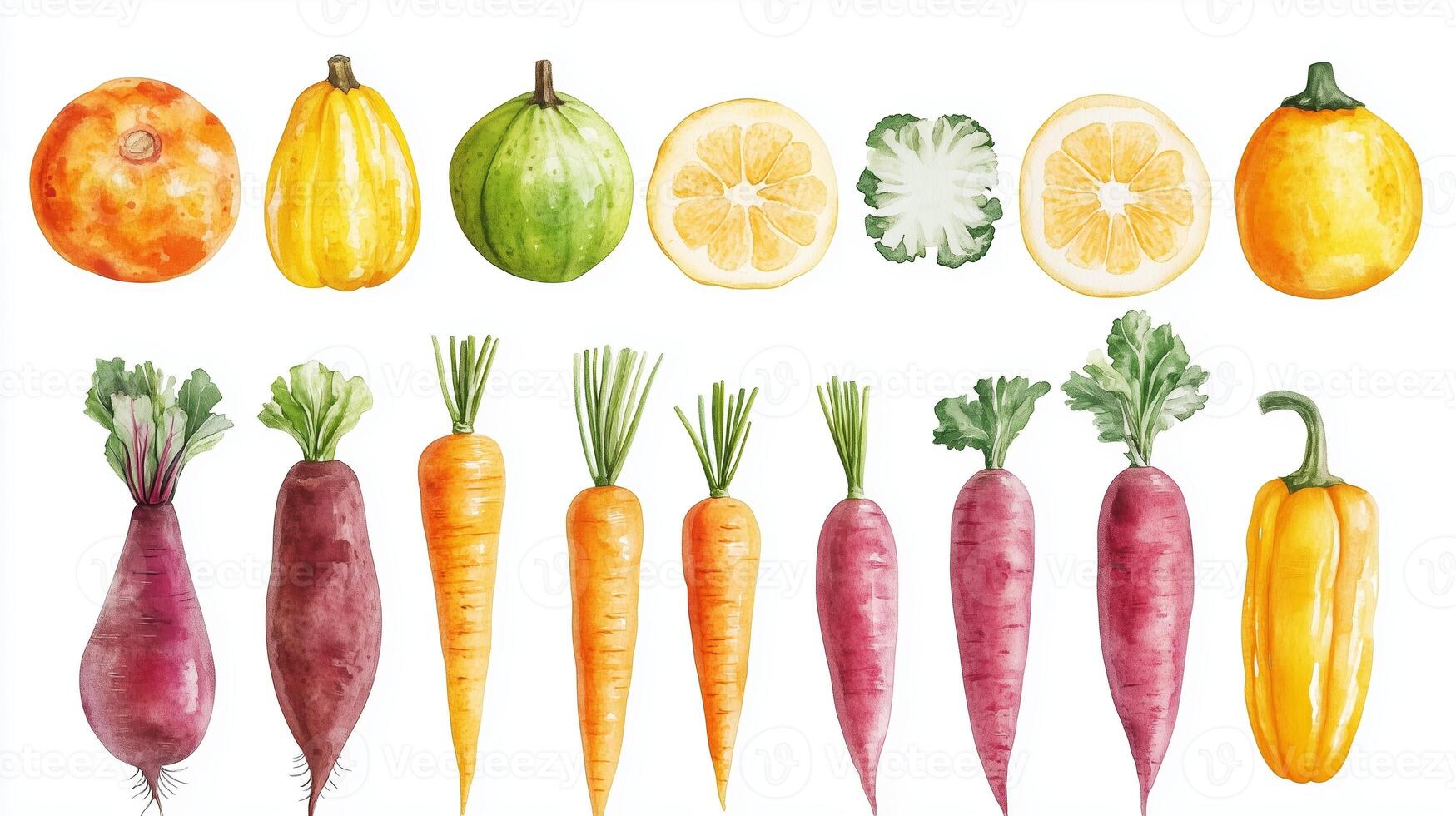 A vibrant display of various vegetables and fruits arranged colorfully on a white background photo