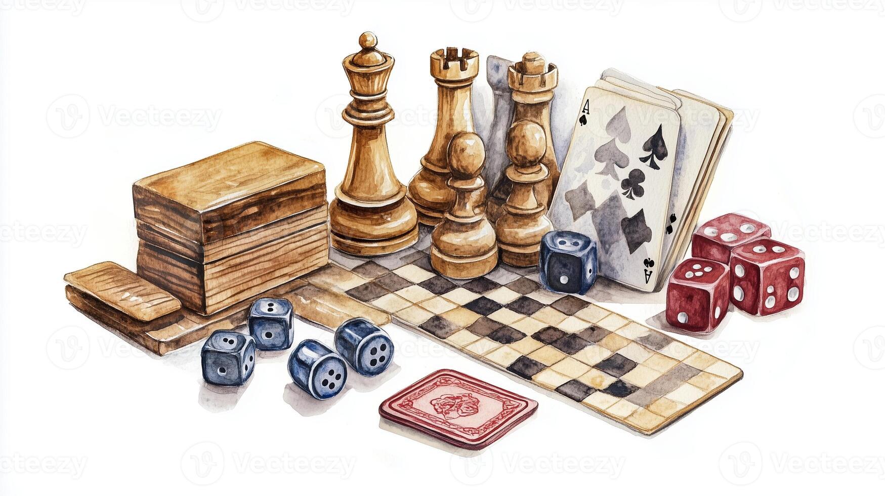 A collection of various board game pieces, cards, and dice arranged on a checkered game board with a wooden box nearby photo
