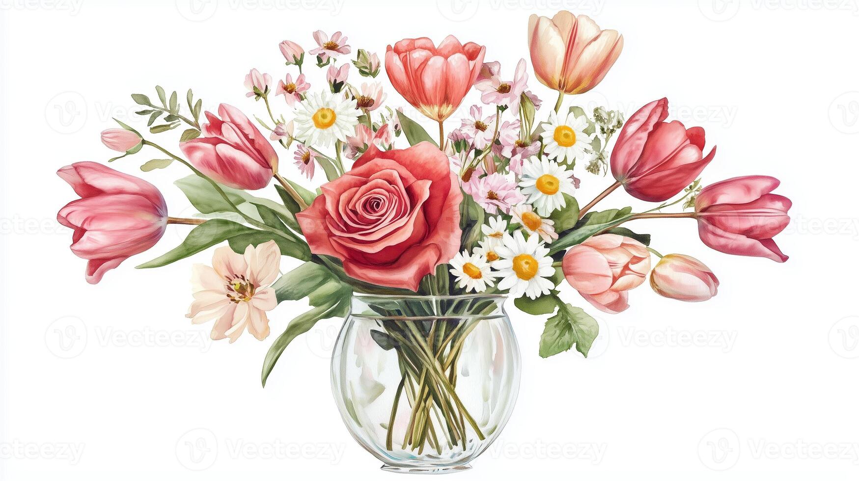 A vibrant bouquet of pink and white flowers arranged in a glass vase on a light background in spring photo
