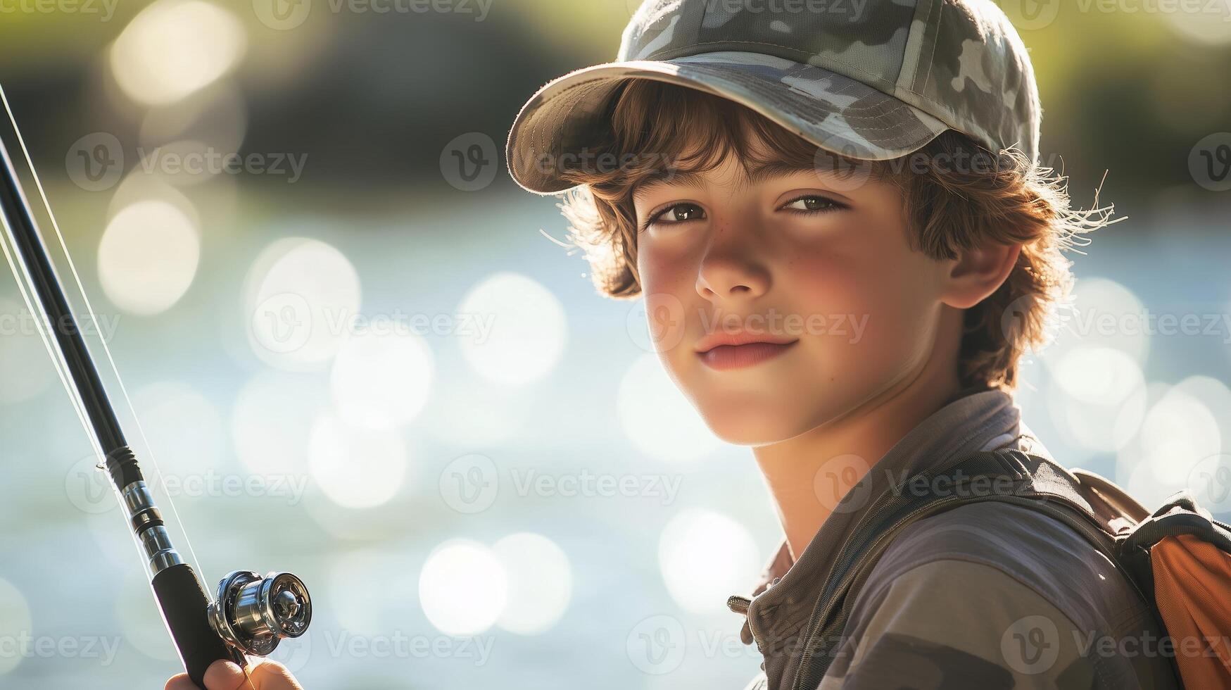 A young boy enjoys fishing by the water on a sunny day, showcasing his catch in a tranquil outdoor setting photo