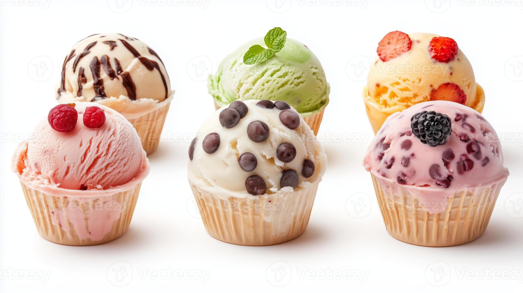 Delicious assorted ice cream scoops in waffle cups displayed on a white background, perfect for summer treats and dessert cravings photo