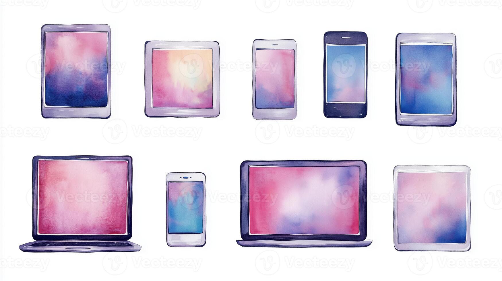 Collection of electronic devices with colorful abstract backgrounds showcasing mobile phones, tablets, and laptops arranged aesthetically photo