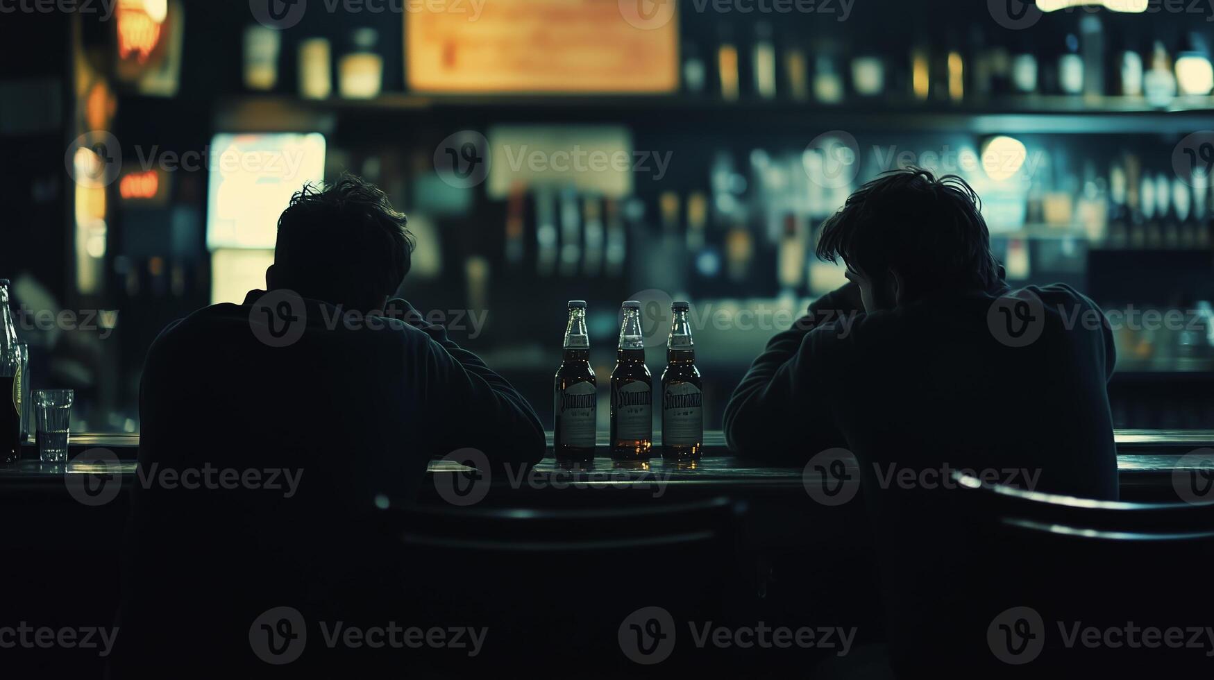 Two friends seated at a dimly lit bar, sharing a quiet moment while enjoying drinks late at night photo