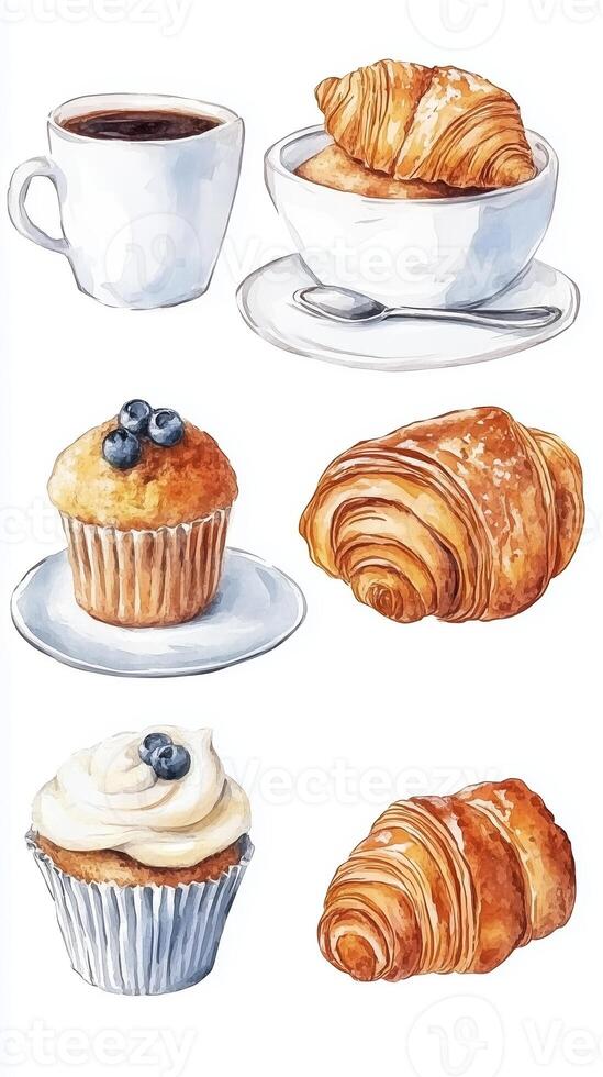Artistic watercolor illustration of various pastries and a cup of coffee on a white background photo