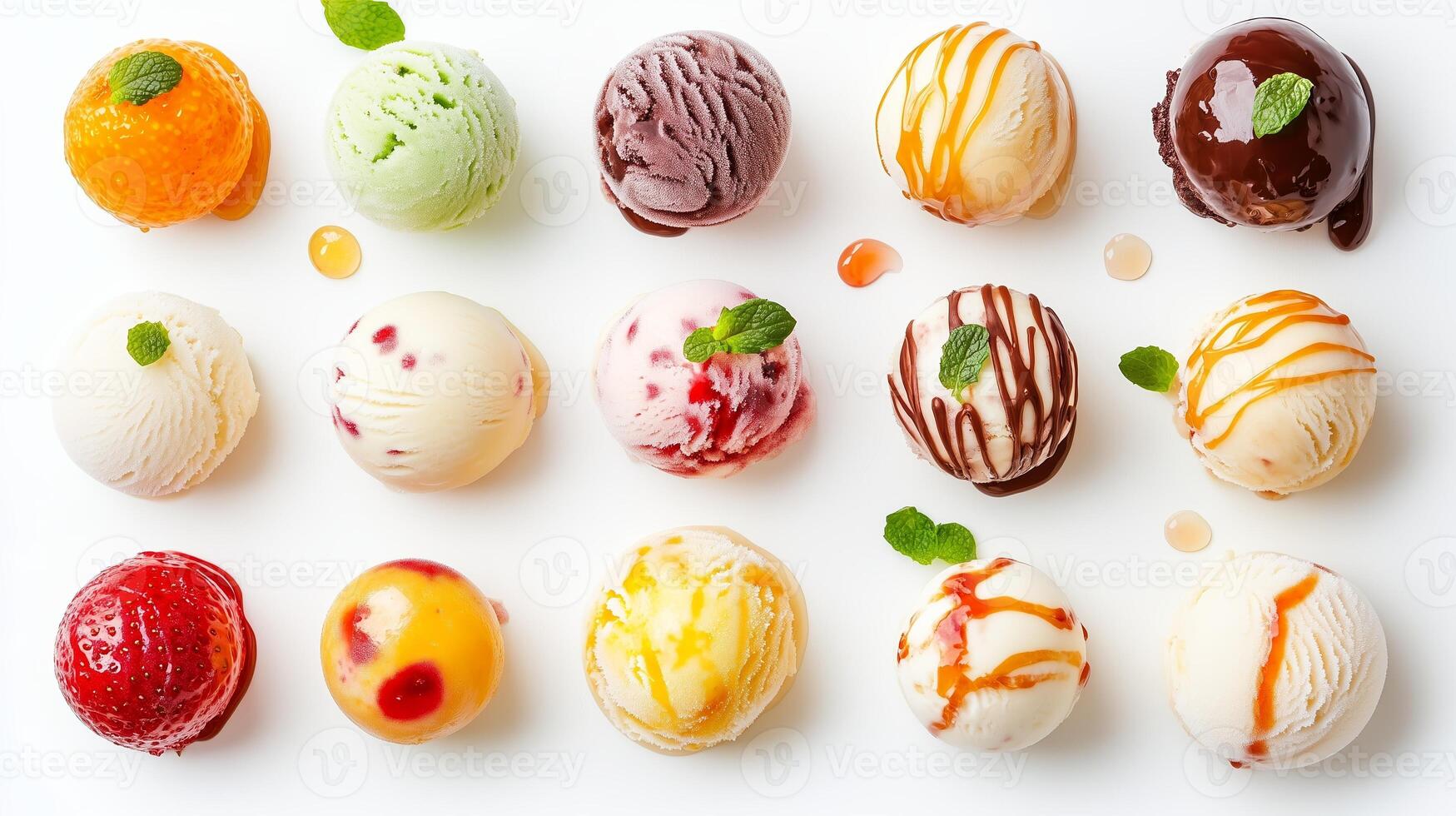 A colorful display of assorted ice cream scoops arranged neatly on a white plate, showcasing different flavors and toppings photo