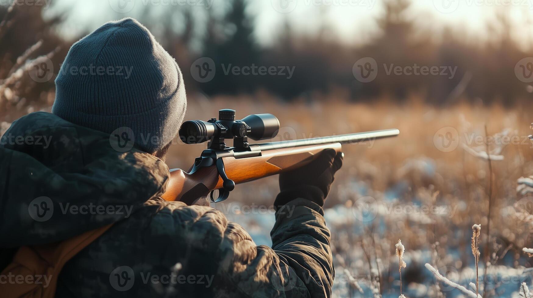 A hunter aims his rifle in a snowy field during a serene sunset in a wooded area photo