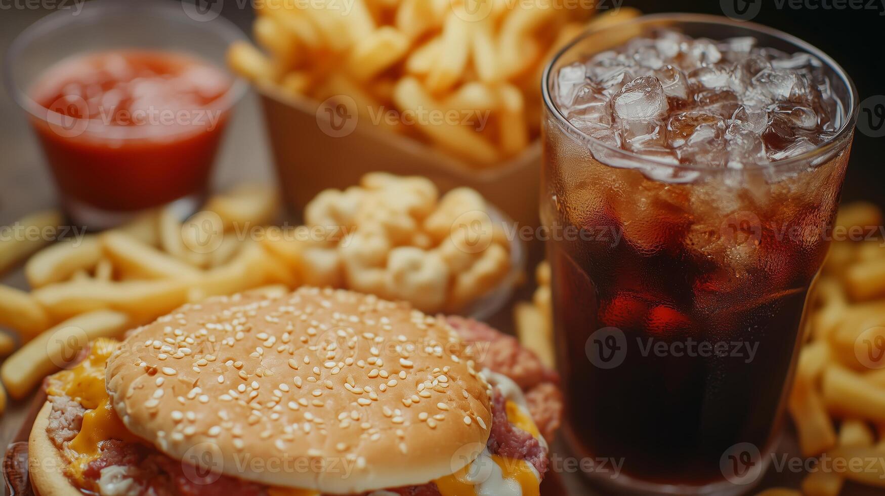 A delicious hamburger served with crispy fries and refreshing beverage at a casual dining spot during lunchtime photo