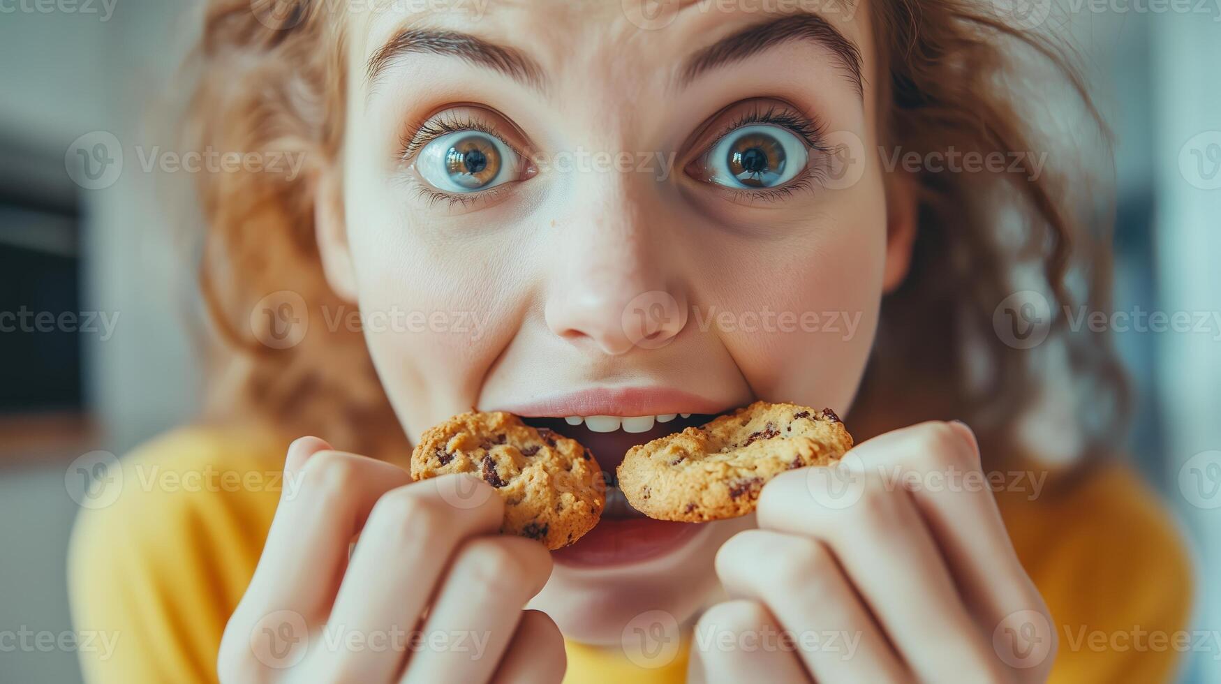 A young woman excitedly bites into cookies in a bright kitchen setting during the daytime, showcasing her joy and enthusiasm for baking photo