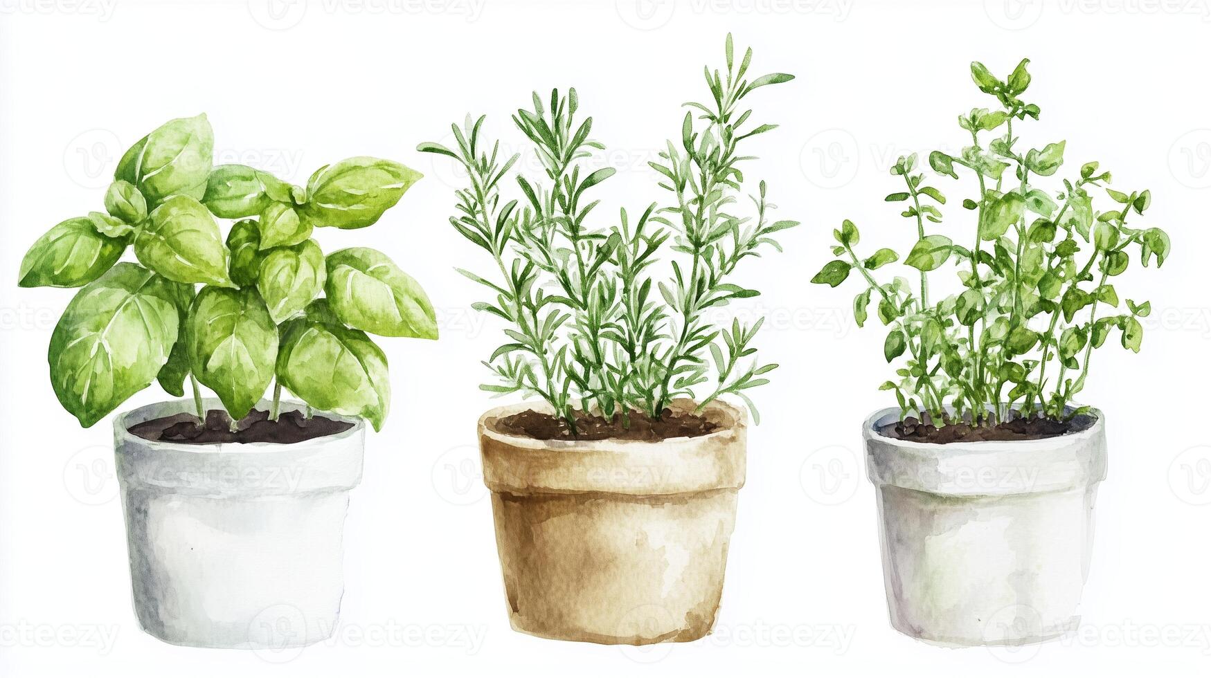 Three potted herbs including basil, rosemary, and mint growing in clay and ceramic containers against a light background photo