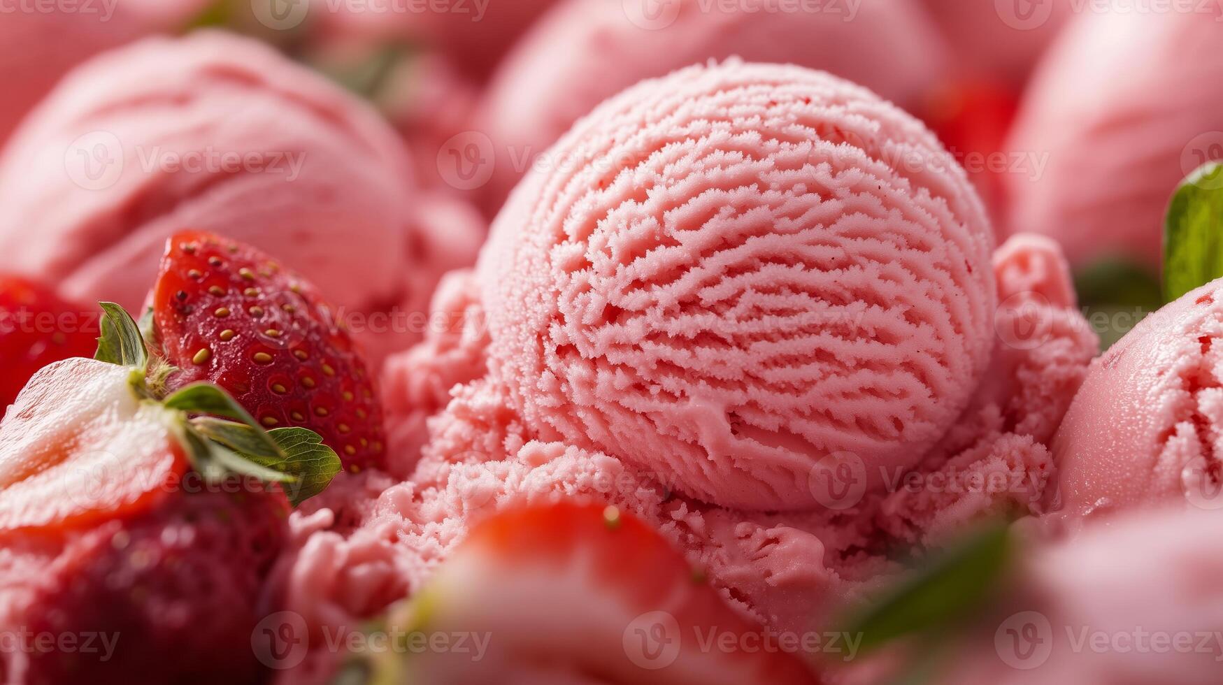 Delicious strawberry ice cream with fresh strawberries in a vibrant dessert display during a summer gathering photo