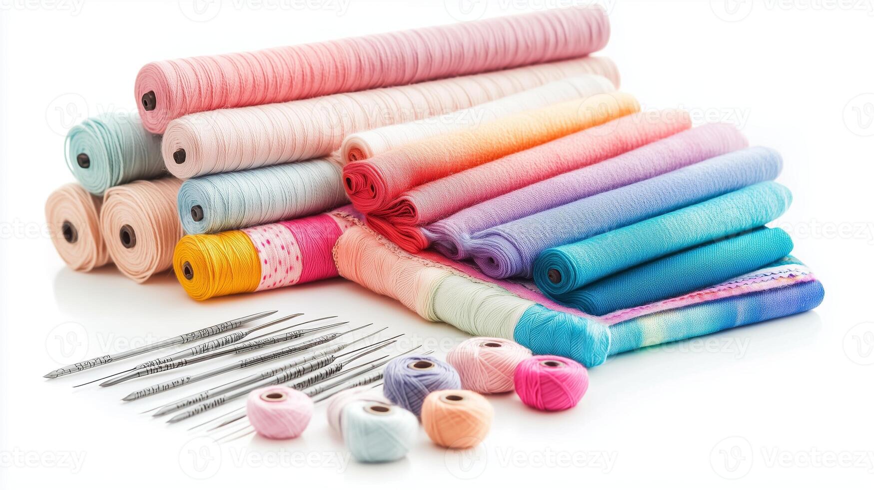 Colorful rolls of fabric and spools of thread arranged neatly alongside sewing needles on a white background photo