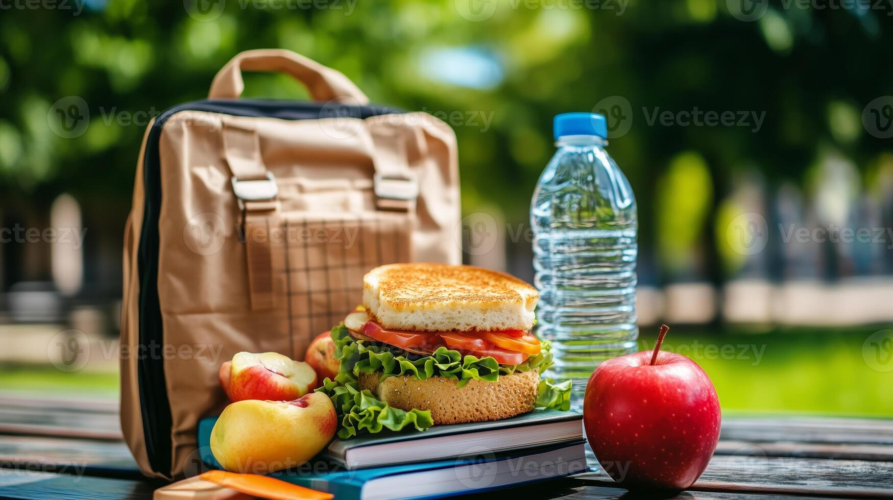 Healthy lunch setup on a picnic table featuring a sandwich, water bottle, apples, and books with greenery in the background photo