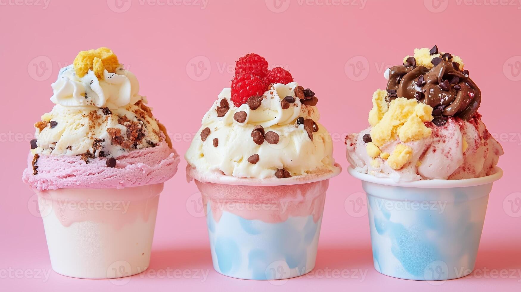 Colorful ice cream cups with toppings displayed against a pink background in a delightful summer setting photo