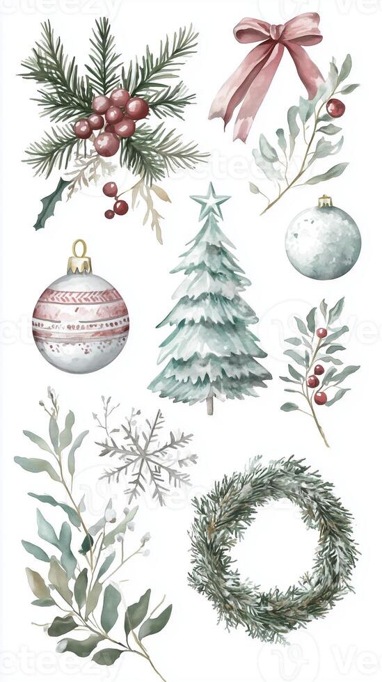 Festive watercolor illustrations featuring Christmas decorations and greenery in a whimsical holiday arrangement photo
