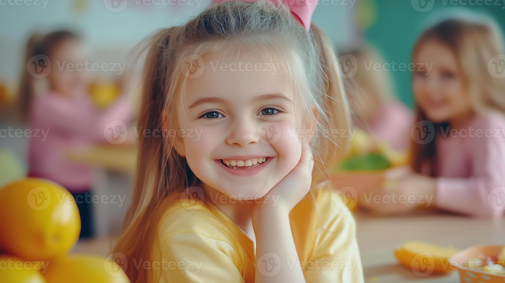 Young girl with a pink bow smiles brightly in a classroom filled with fruits during a fun activity with classmates photo