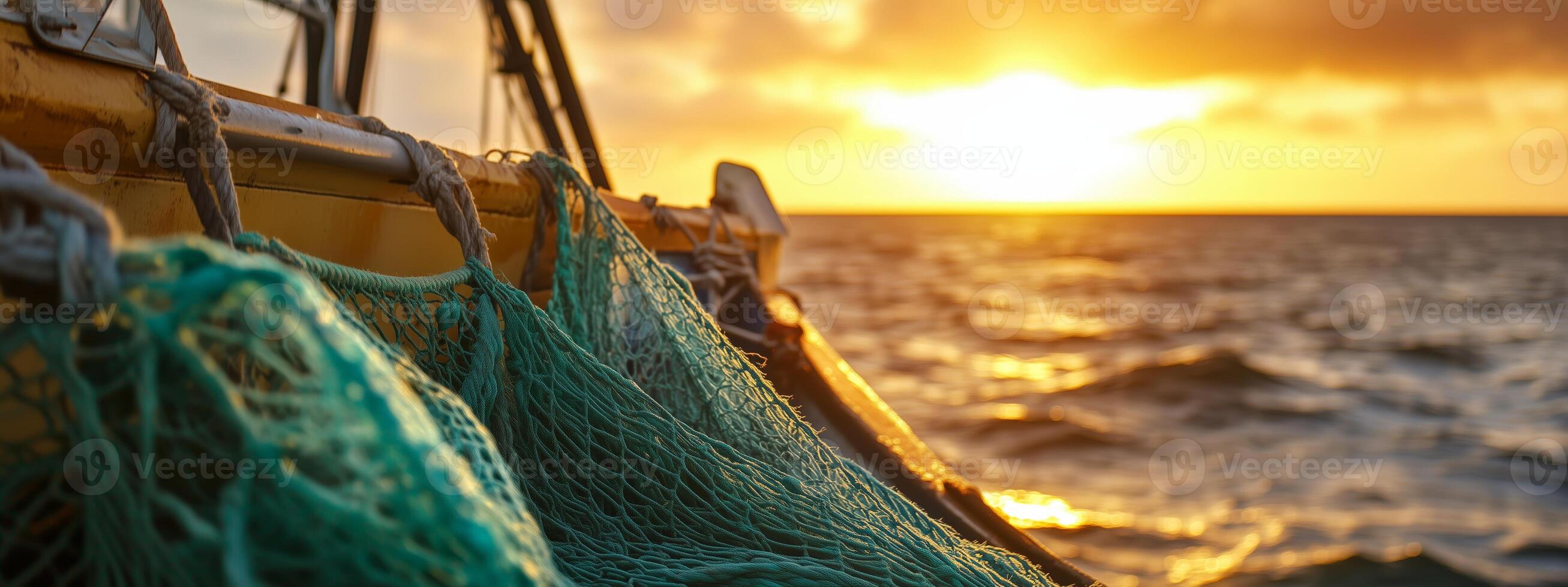 Fishing nets on a boat catching the golden glow of sunrise over the ocean waves on a tranquil morning photo