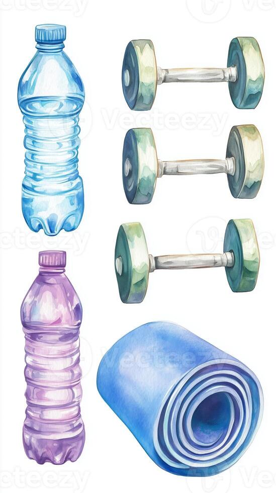 A colorful assortment of fitness equipment, including water bottles, dumbbells, and an exercise mat for an active lifestyle photo