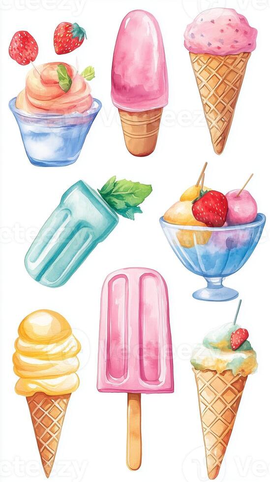 Colorful collection of ice cream cones and popsicles featuring various flavors and designs on a bright white background photo