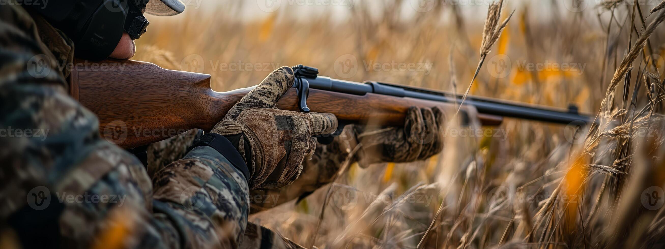 A hunter takes aim with a rifle in a golden field during late afternoon in the countryside photo