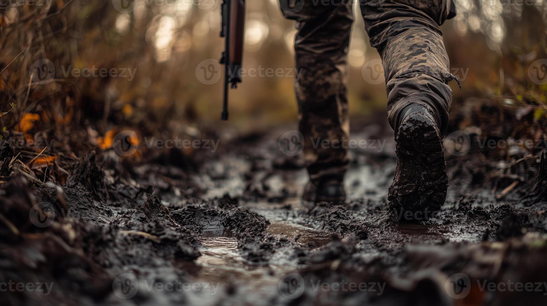 A soldier walks through a muddy forest path during a cloudy afternoon, showcasing resilience in challenging terrain photo