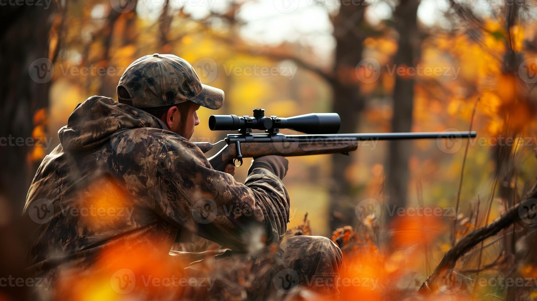 A hunter in camouflage quietly aims a rifle through the autumn foliage during early morning in a wooded area photo